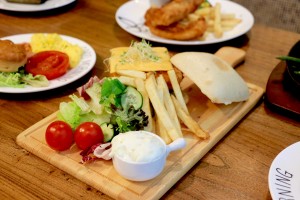 Tofu Cheese Burger and Fries with Tartar Sauce